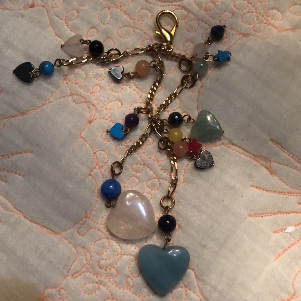 Natural stones hearts with beads on chains clip on a bag, etc.